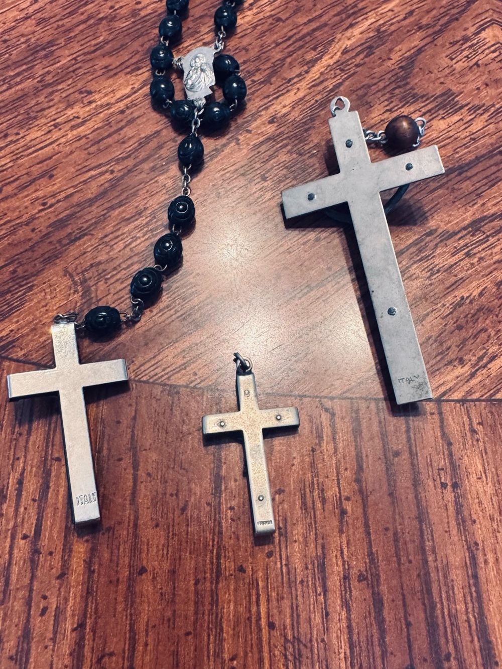 Silver Cross Pendant Trio with Black Bead Rosary